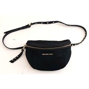 Michael Kors Belt Bag Blk Nylon Leather Strap w Gold Studs
